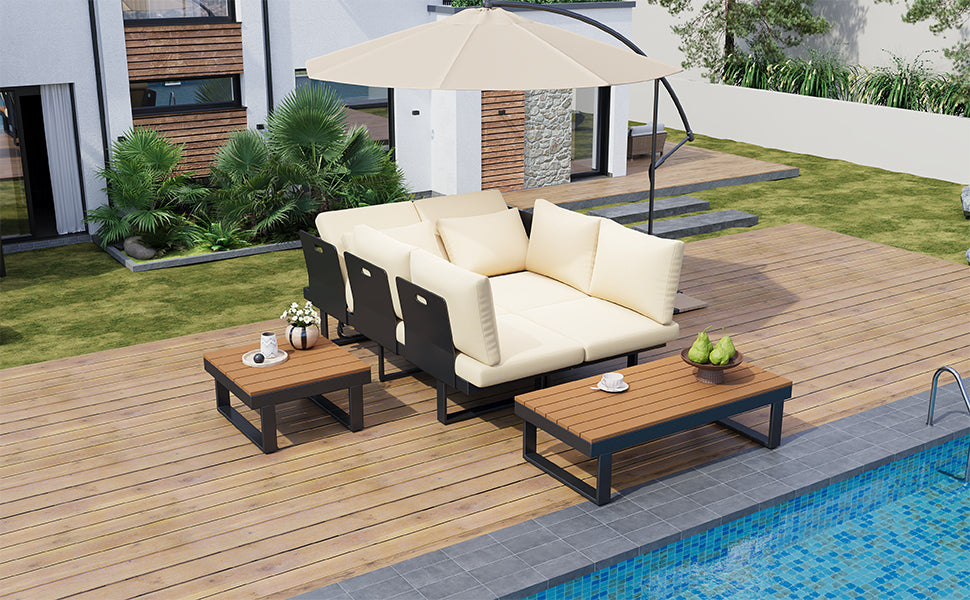 Outdoor Sectional Sofa Set Patio Conversation Set Patio Seating Group Outdoor Daybed with Adjustable Reclining Seats for Backyard, Poolside and Balcony,Beige