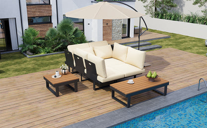 Outdoor Sectional Sofa Set Patio Conversation Set Patio Seating Group Outdoor Daybed with Adjustable Reclining Seats for Backyard, Poolside and Balcony,Beige