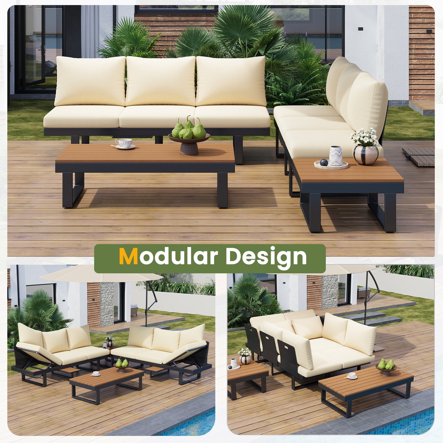 Outdoor Sectional Sofa Set Patio Conversation Set Patio Seating Group Outdoor Daybed with Adjustable Reclining Seats for Backyard, Poolside and Balcony,Beige