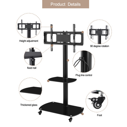 Height and Angle Adjustable Multi-Function Tempered Glass Metal Frame Floor With Lockable Wheels Mobile TV Stand, LCD/Plasma TV bracket 2 Tier Tempered Glass Shelves For Multiple Media Devices
