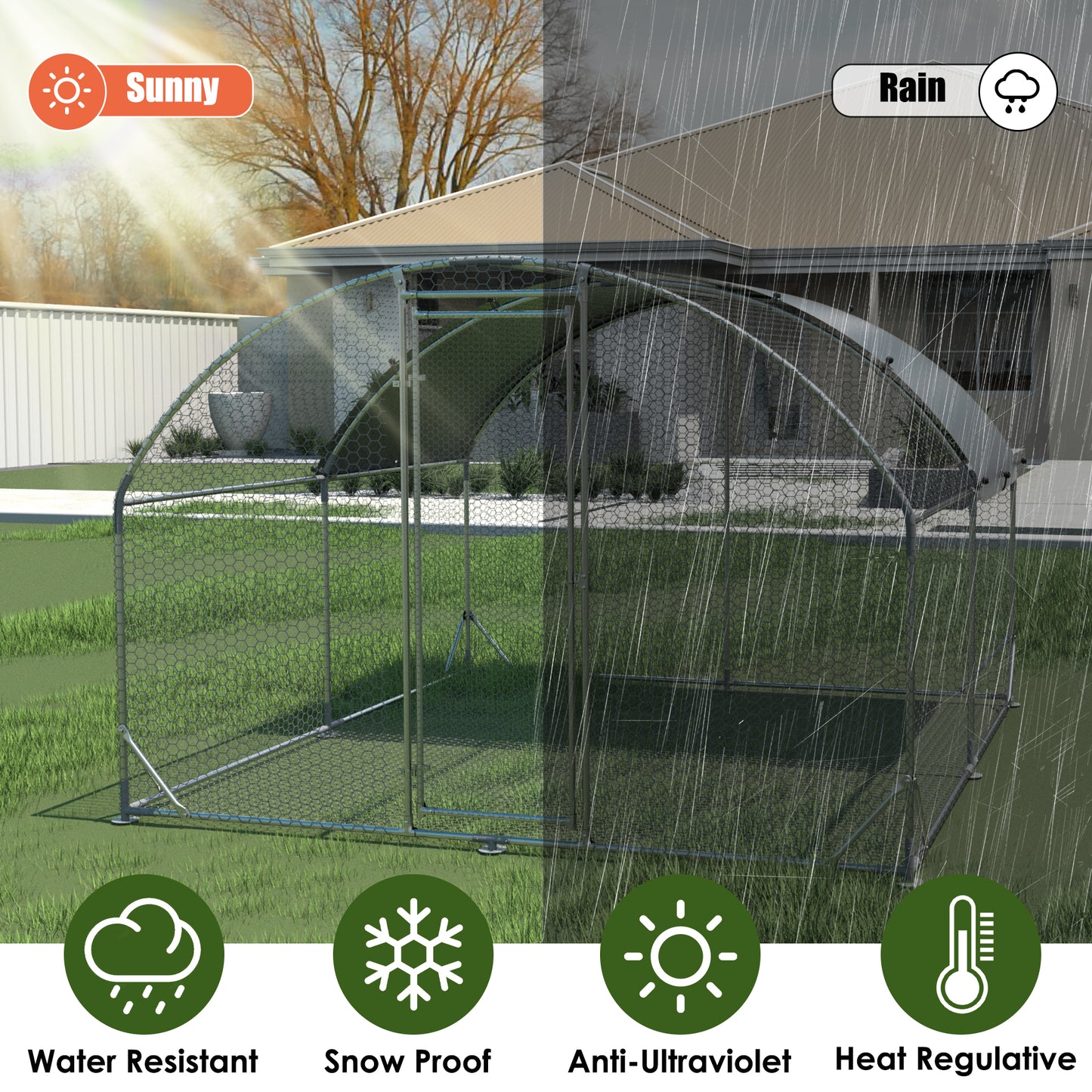 Large metal chicken coop upgrade three support steel wire impregnated plastic net cage, Oxford cloth silver plated waterproof UV protection, duck rabbit sheep bird outdoor house 9.2'W x 12.5'L x 6.5'H