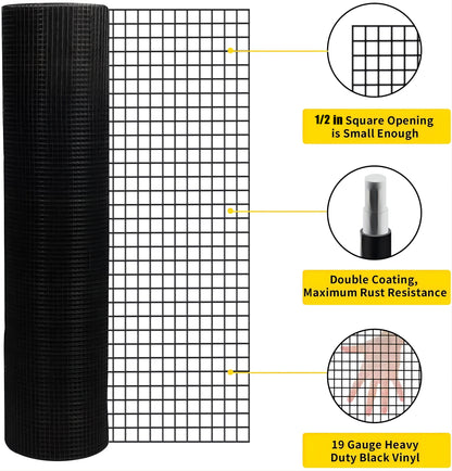 48 inch×50 ft Black Vinyl Coated Hardware Cloth, 19 Gauge 1/2 inch Black PVC Hardware Cloth, Black Welded Wire Fence Supports Poultry-Netting Cage-Home Improvement and Chicken Coop