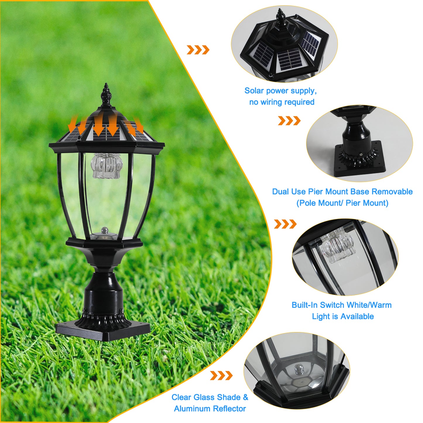 Solar Column Headlights With Dimmable LED 1 pack