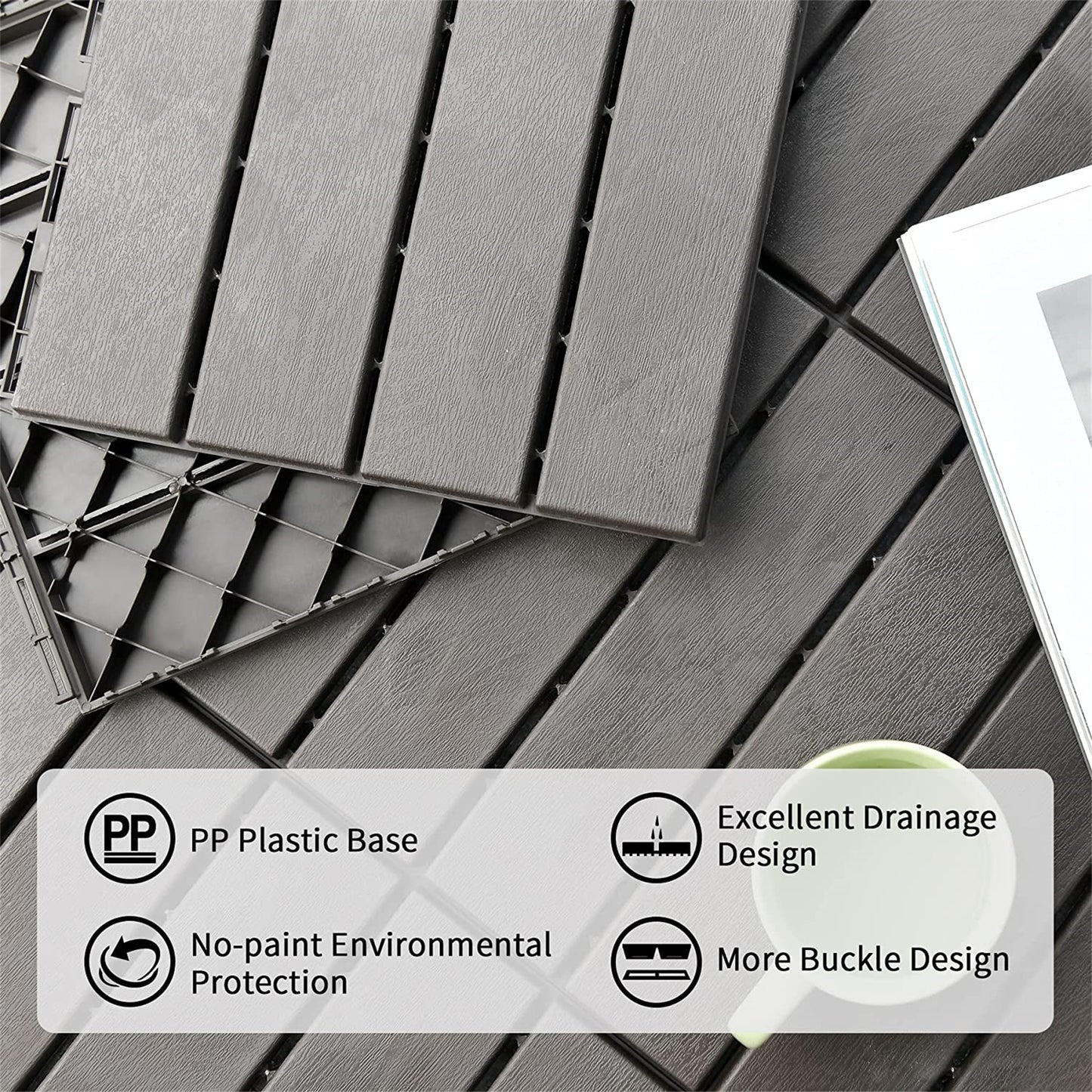 Patio Interlocking Deck Tiles, 12"x12" Square Composite Decking Tiles, Four Slat Plastic Outdoor Flooring Tile All Weather for Balcony Porch Backyard, (Dark Gray, Pack of 9)