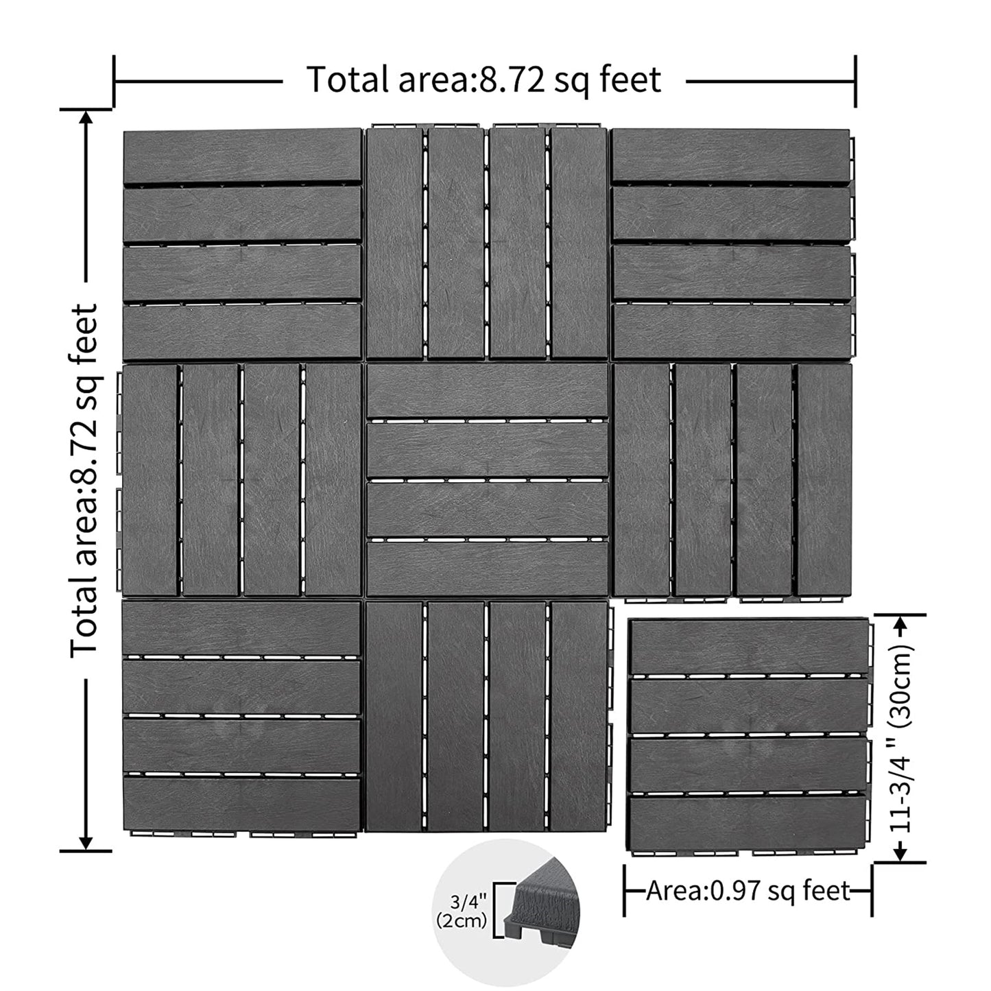Patio Interlocking Deck Tiles, 12"x12" Square Composite Decking Tiles, Four Slat Plastic Outdoor Flooring Tile All Weather for Balcony Porch Backyard, (Dark Gray, Pack of 9)