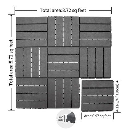 Patio Interlocking Deck Tiles, 12"x12" Square Composite Decking Tiles, Four Slat Plastic Outdoor Flooring Tile All Weather for Balcony Porch Backyard, (Dark Gray, Pack of 9)