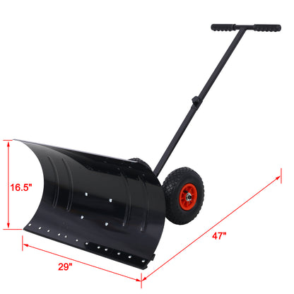 Snow Shovel with Wheels, Snow Pusher, Cushioned Adjustable Angle Handle Snow Removal Tool, 29" Blade, 10" Wheels,black color