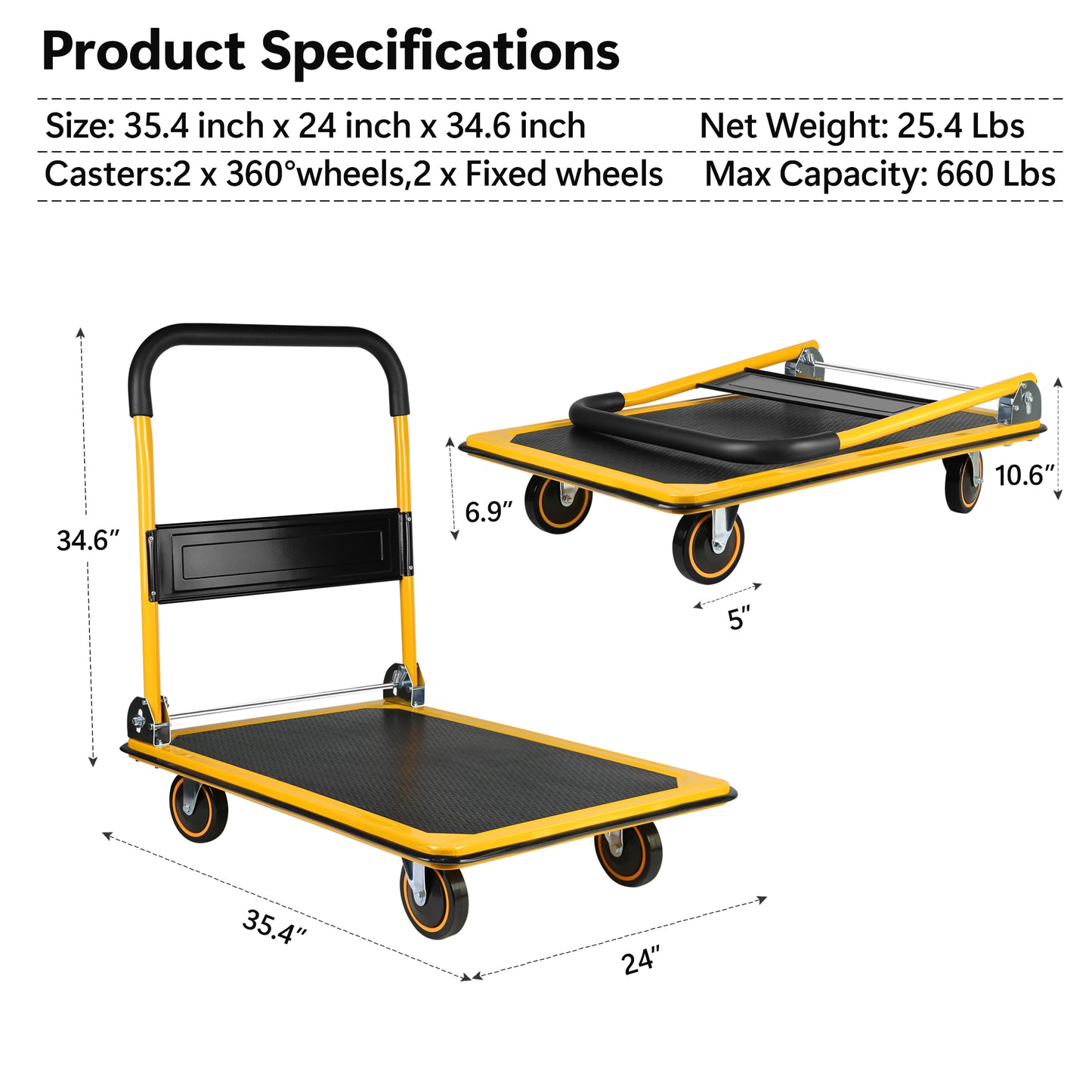 Platform Truck Hand Truck Large Size Foldable Dolly Cart for Moving Easy Storage and 360 Degree Swivel Wheels 660lbs Weight Capacity