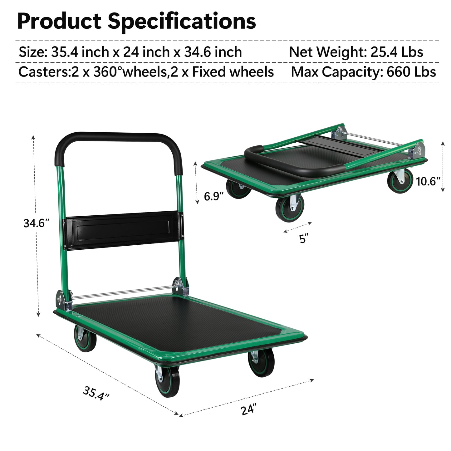 Platform Truck Hand Truck Large Size Foldable Dolly Cart for Moving Easy Storage and 360 Degree Swivel Wheels 660lbs Weight Capacity
