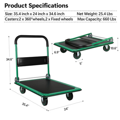 Platform Truck Hand Truck Large Size Foldable Dolly Cart for Moving Easy Storage and 360 Degree Swivel Wheels 660lbs Weight Capacity