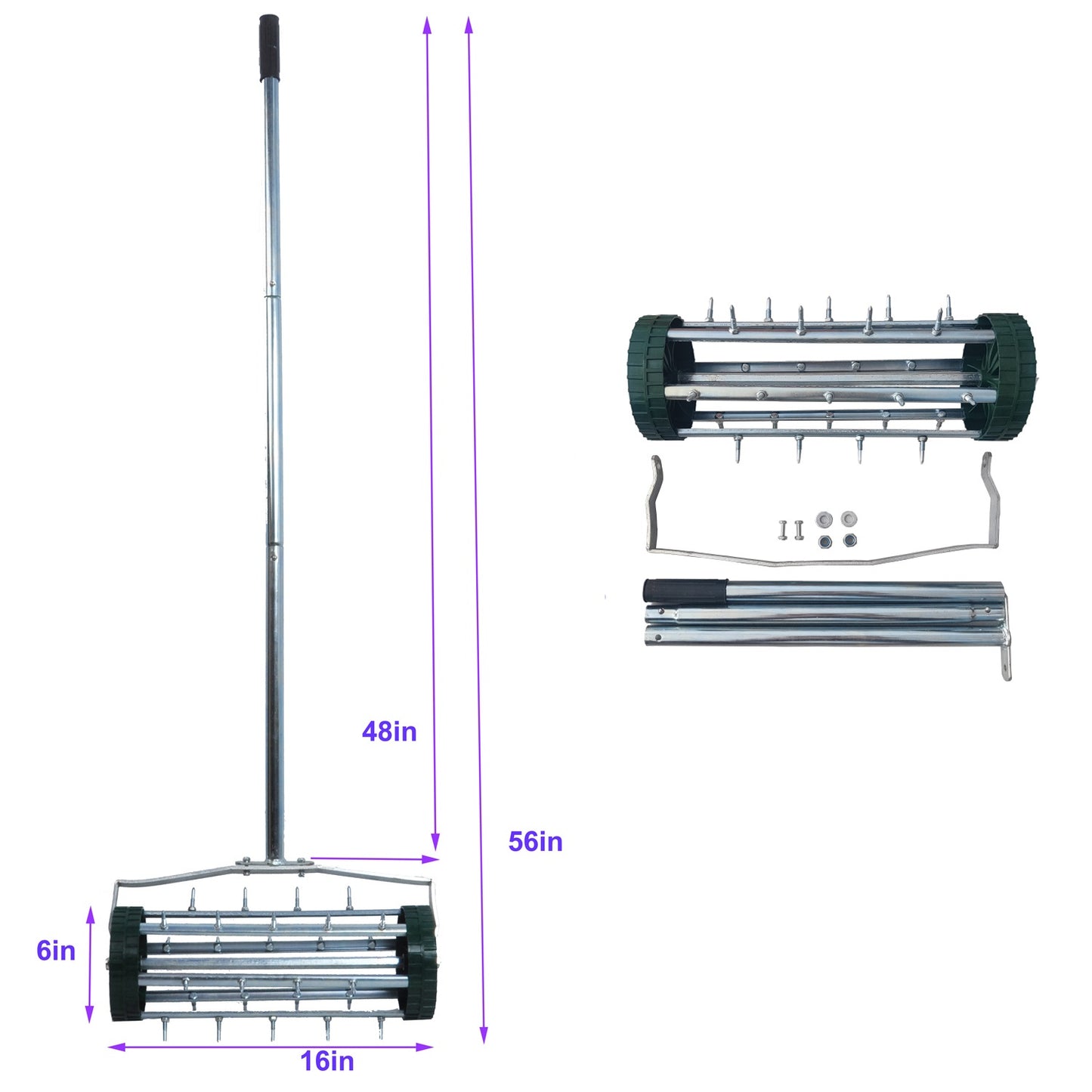Heavy Duty Rolling Lawn Aerator,Rolling Lawn Aerator, Rotary Push Tine Spike Soil Lawn Aerator Gardening Tool with 3-Piece Long Steel Handle for Garden Yard Grass Maintenance,Garden Yard Rotary Push