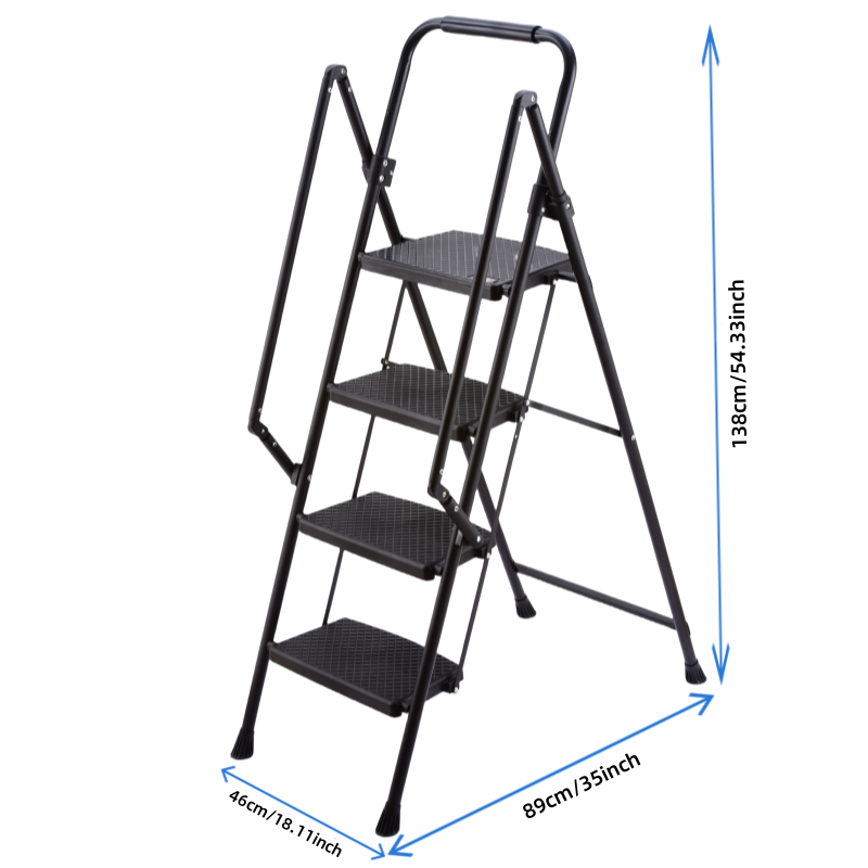 Four step ladder, lightweight folding four step stool, wide anti slip pedal and safety handle, sturdy steel ladder, multi-purpose step ladder, suitable for home, kitchen, and office elevators