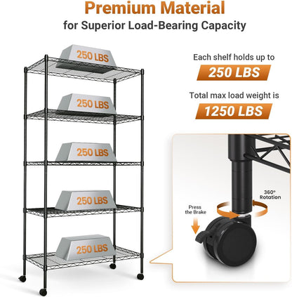 Simple Deluxe Heavy Duty 5-Shelf Shelving Unit, 29" D x 14"W x 61" H, 5 Tier, Black