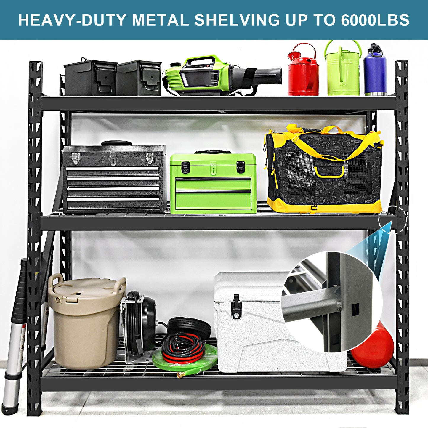 Garage Shelving Heavy Duty 72"H*77"W Garage Storage Shelves 6000LBS Heavy Duty Shelving Adjustable 3 Tier Metal Shelving for Garage Storage Shelving Industrial Shelving Storage Rack, Black