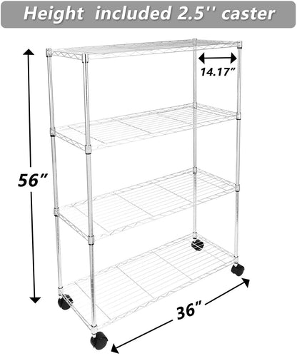 Simple Deluxe Heavy Duty 4-Shelf Shelving Unit with Wheel and Adjustable Feet, 36''(L) x14''(W) x54''(H), Chrome