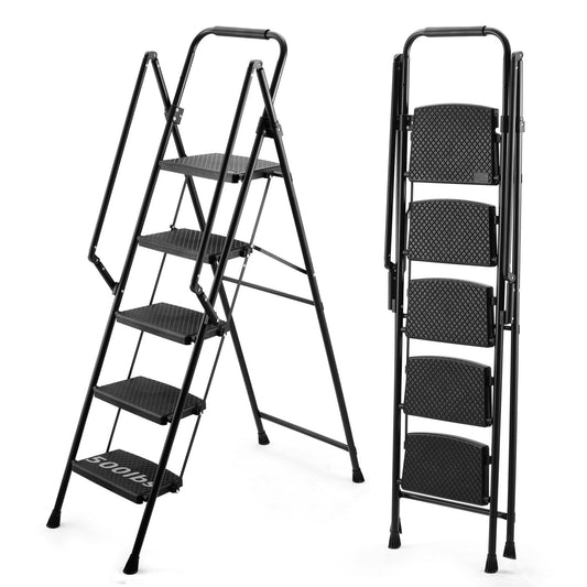 5-step ladder, folding ladder stool, with anti slip wide pedals, steel ladder, with safety anti slip handle, lightweight 300 pound portable steel ladder stool in black