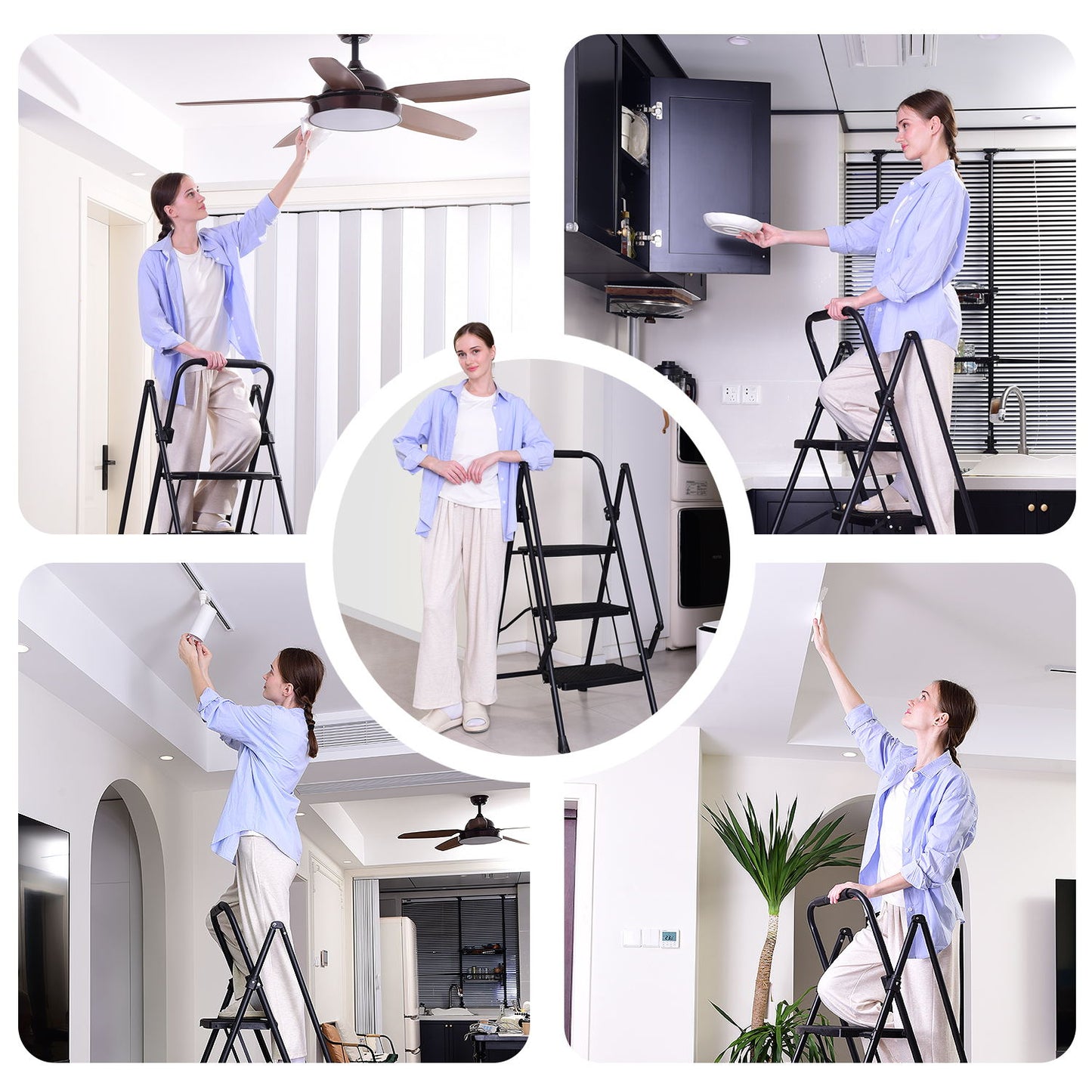 5-step ladder, folding ladder stool, with anti slip wide pedals, steel ladder, with safety anti slip handle, lightweight 300 pound portable steel ladder stool in black
