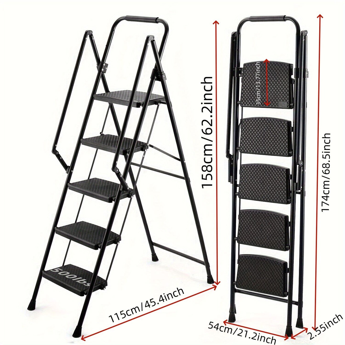 5-step ladder, folding ladder stool, with anti slip wide pedals, steel ladder, with safety anti slip handle, lightweight 300 pound portable steel ladder stool in black