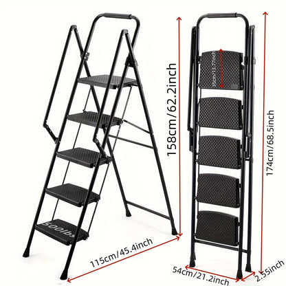 5-step ladder, folding ladder stool, with anti slip wide pedals, steel ladder, with safety anti slip handle, lightweight 300 pound portable steel ladder stool in black