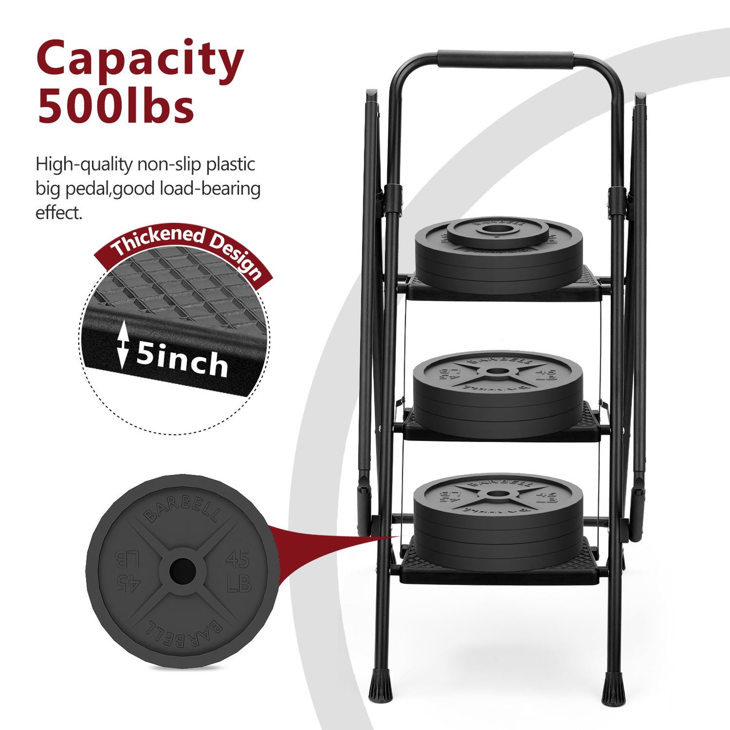 5-step ladder, folding ladder stool, with anti slip wide pedals, steel ladder, with safety anti slip handle, lightweight 300 pound portable steel ladder stool in black