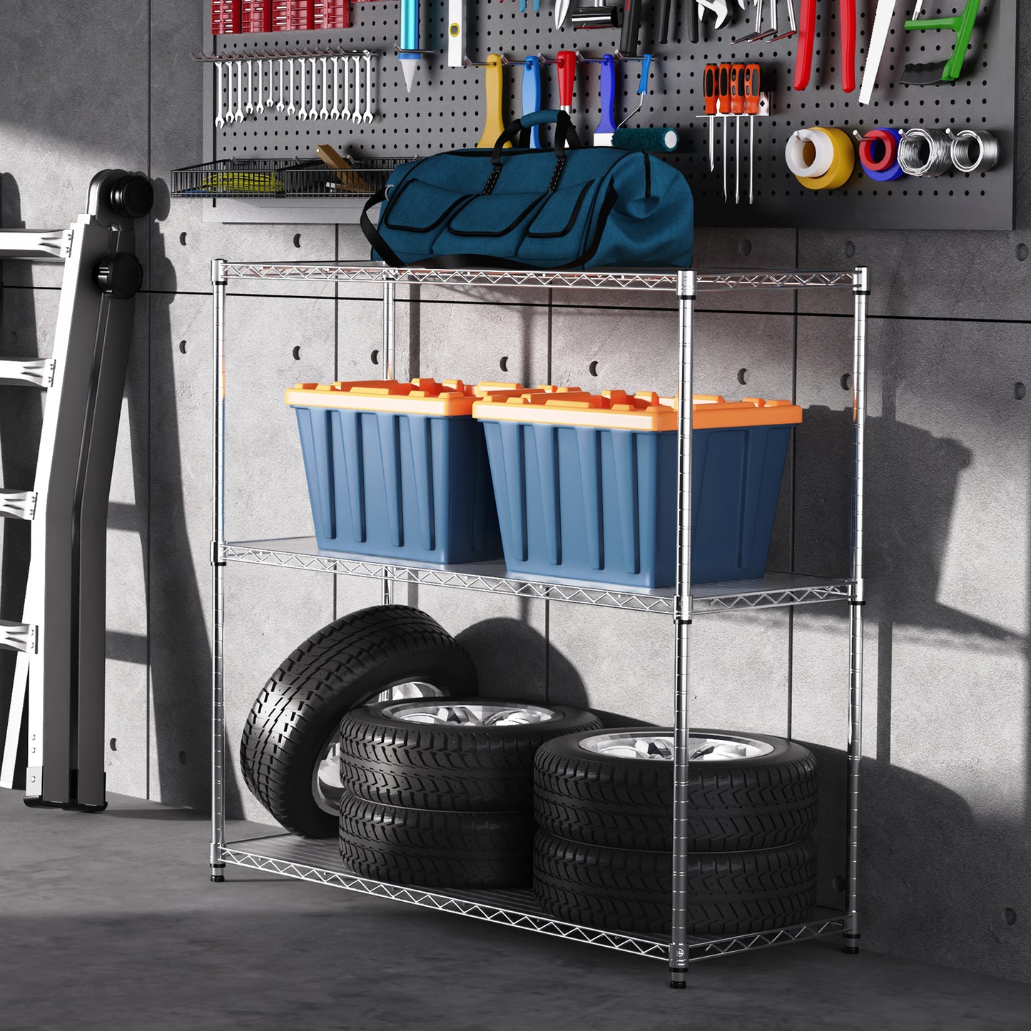3 Tier Wire Shelving Unit, 1050 LBS NSF Height Adjustable Metal Garage Storage Shelves, Heavy Duty Storage Wire Rack Metal Shelves - Chrome