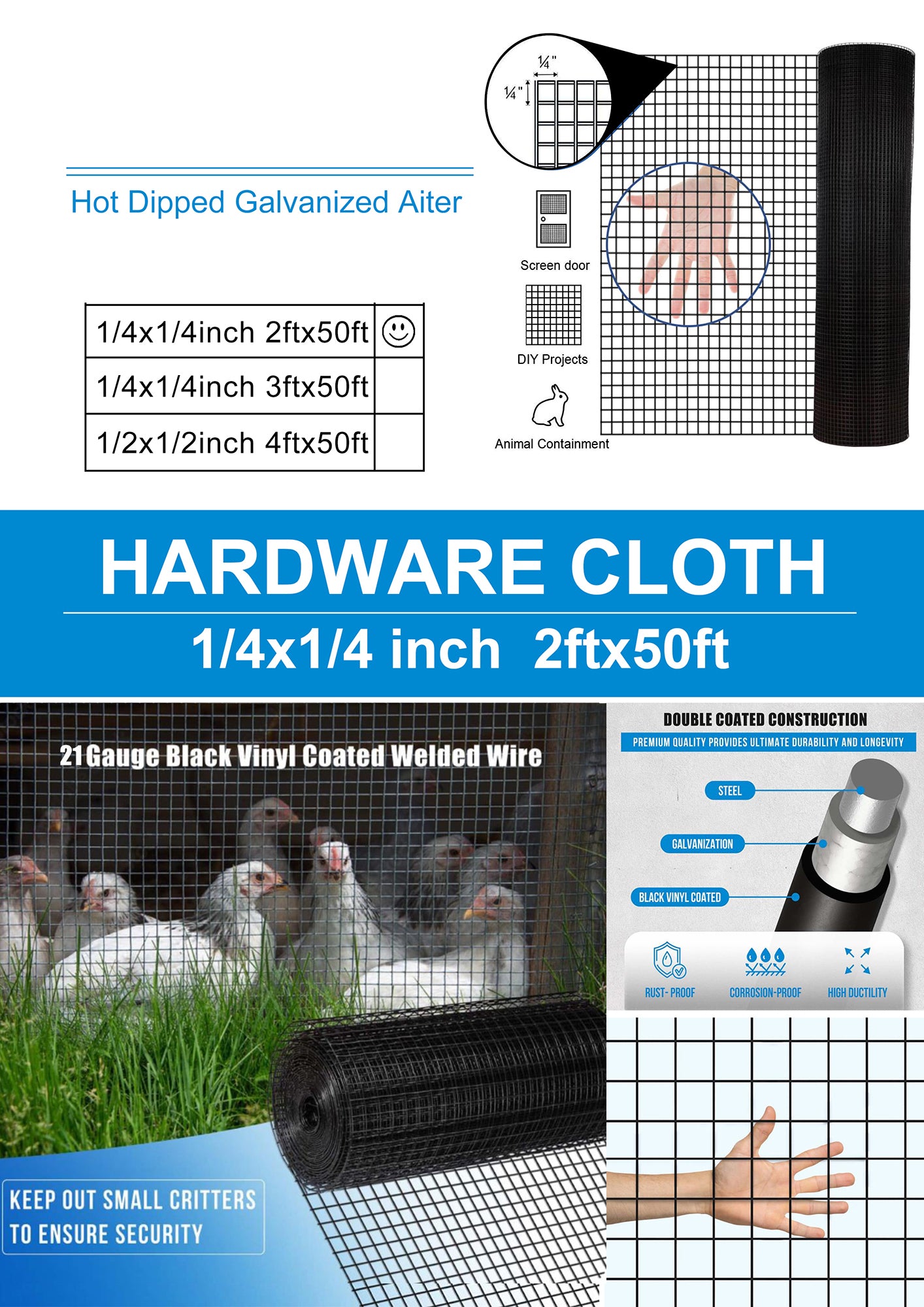 48 inch×50 ft Black Vinyl Coated Hardware Cloth, 19 Gauge 1/2 inch Black PVC Hardware Cloth, Black Welded Wire Fence Supports Poultry-Netting Cage-Home Improvement and Chicken Coop
