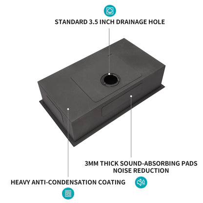 28 Single Bowl Undermount Sink- 28"x18"x9" Gunmetal Black Kitchen Sink 16 Gauge with 9" Deep Basin