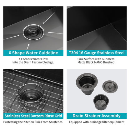 Gunmetal Black Kitchen Sink - 30"x 18"x 9" Undermount Singel Bowl Kitchen basin 16 Gauge Stainless Steel with 9 Inch Deep