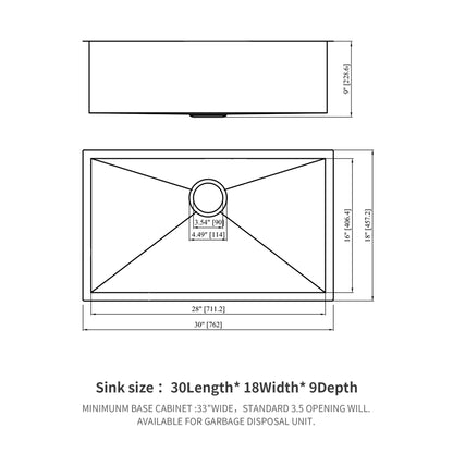 Gunmetal Black Kitchen Sink - 30"x 18"x 9" Undermount Singel Bowl Kitchen basin 16 Gauge Stainless Steel with 9 Inch Deep