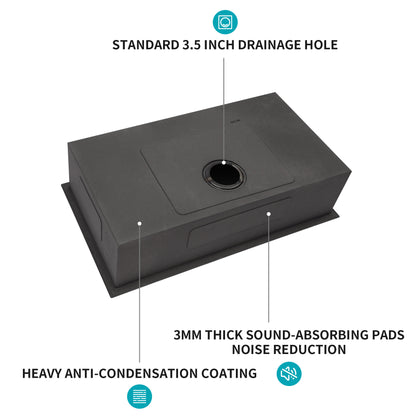 Gunmetal Black Kitchen Sink - 30"x 18"x 9" Undermount Singel Bowl Kitchen basin 16 Gauge Stainless Steel with 9 Inch Deep