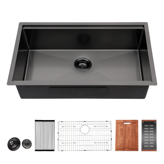 Gunmetal Black Workstation Kitchen Sink - 23"x 18"x 10" Single Bowl Workstation Undermount Kitchen Sink 16 Gauge Stainless Steel