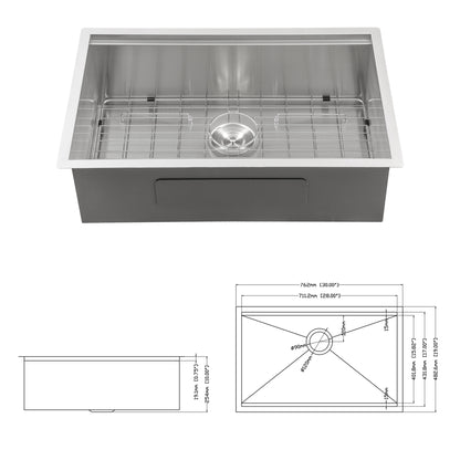 Undermount Workstation Kitchen Sink - 30"x19"x 10" Inch Stainless Steel 16 Gauge Deep Single Bowl Sink