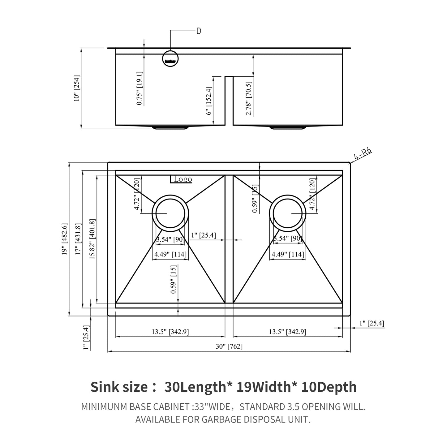 Undermount Sink- 30" x 19" x 10" Double Bowl (50/50) Kitchen Sink 16 Gauge with Two 10" Deep Basin, Brushed Nickel