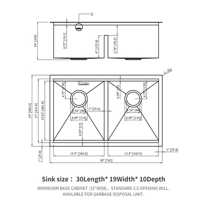 Undermount Sink- 30" x 19" x 10" Double Bowl (50/50) Kitchen Sink 16 Gauge with Two 10" Deep Basin, Brushed Nickel