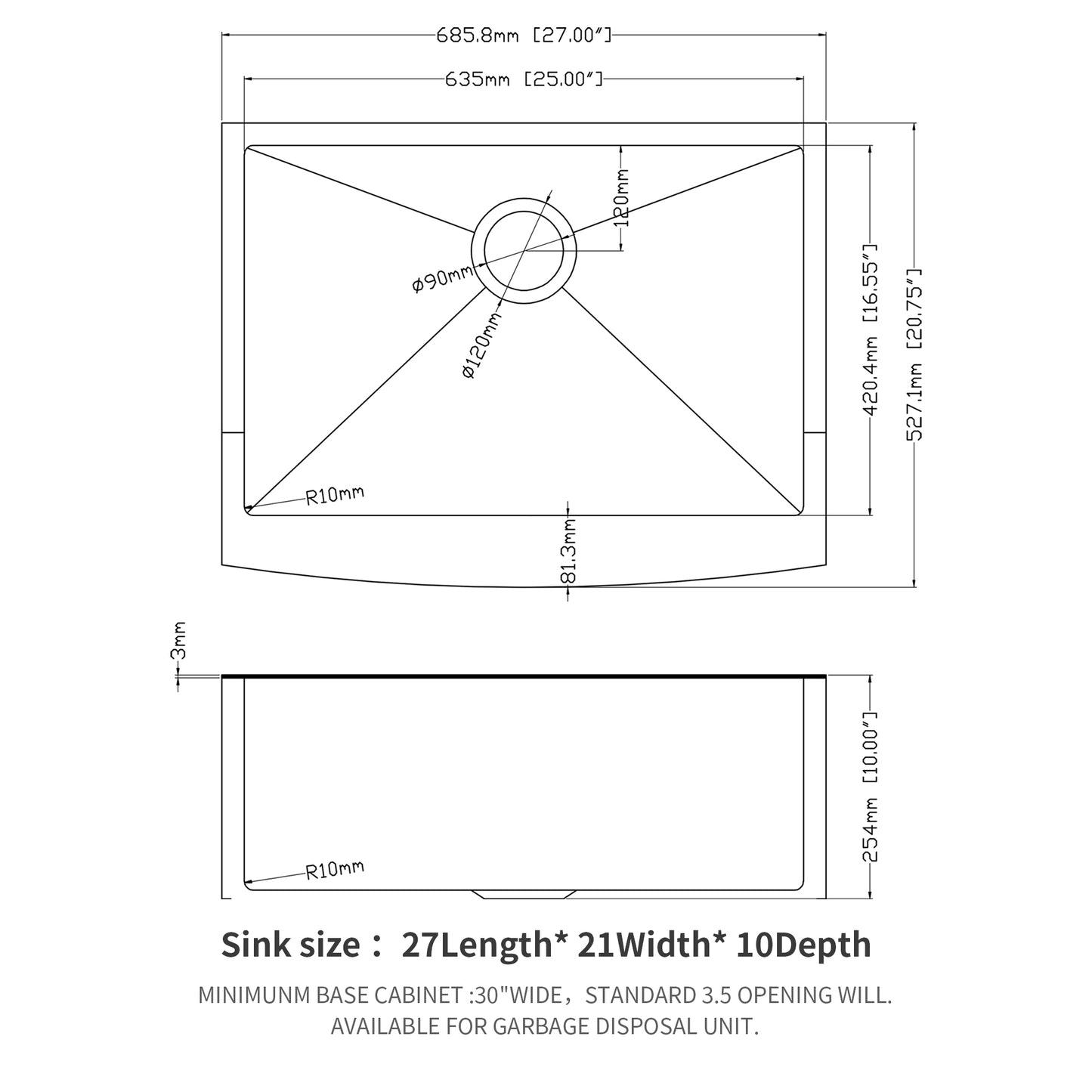27 Gunmetal Black Farmhouse Sink - 27*21*10 Inch Kitchen Sink Stainless Steel 16 gauge Apron Front Kitchen Sink