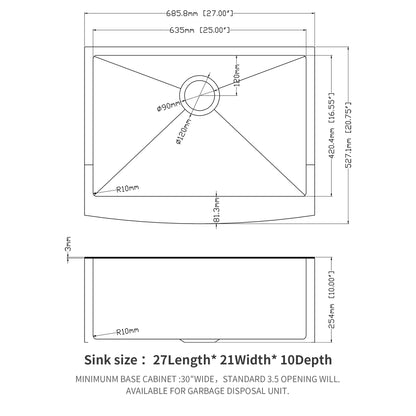 27 Gunmetal Black Farmhouse Sink - 27*21*10 Inch Kitchen Sink Stainless Steel 16 gauge Apron Front Kitchen Sink