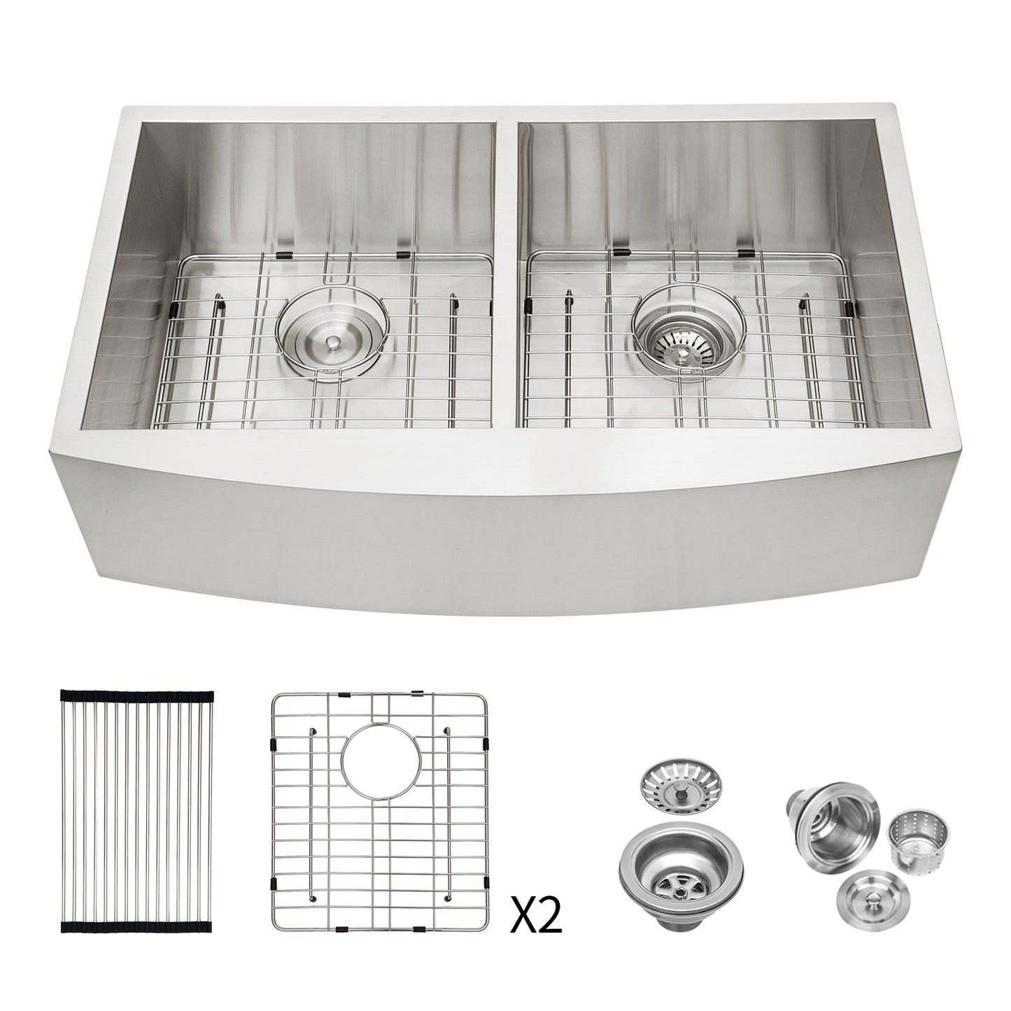 Double Bowl (50/50) Farmhouse Sink- 33"x20"x9"Stainless Steel Apron Front Kitchen Sink 16 Gauge with Two 9" Deep Basin