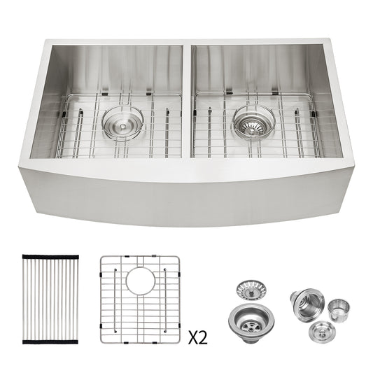 Double Bowl (50/50) Farmhouse Sink- 33"x20"x9"Stainless Steel Apron Front Kitchen Sink 16 Gauge with Two 9" Deep Basin