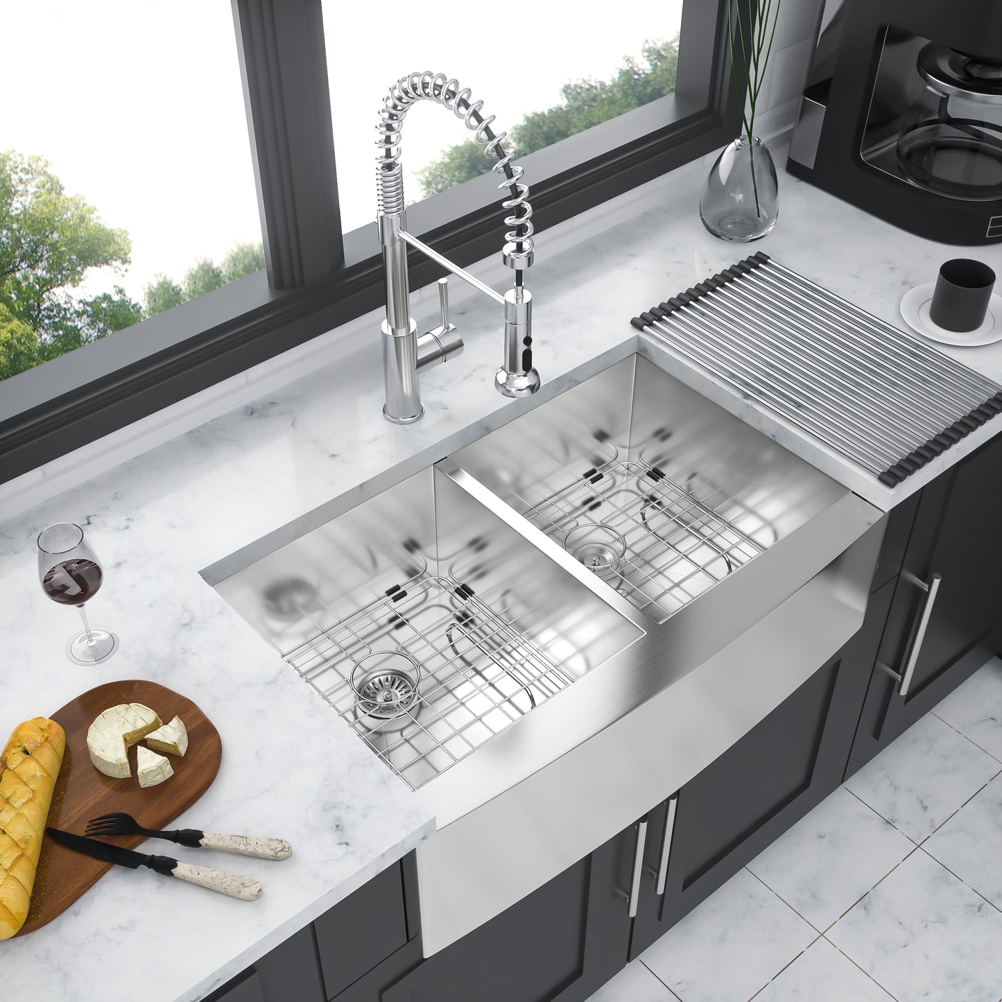 Double Bowl (50/50) Farmhouse Sink- 33"x20"x9"Stainless Steel Apron Front Kitchen Sink 16 Gauge with Two 9" Deep Basin