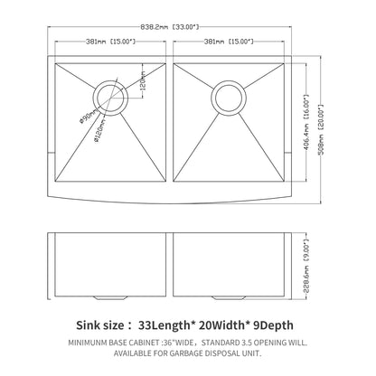 Double Bowl (50/50) Farmhouse Sink- 33"x20"x9"Stainless Steel Apron Front Kitchen Sink 16 Gauge with Two 9" Deep Basin