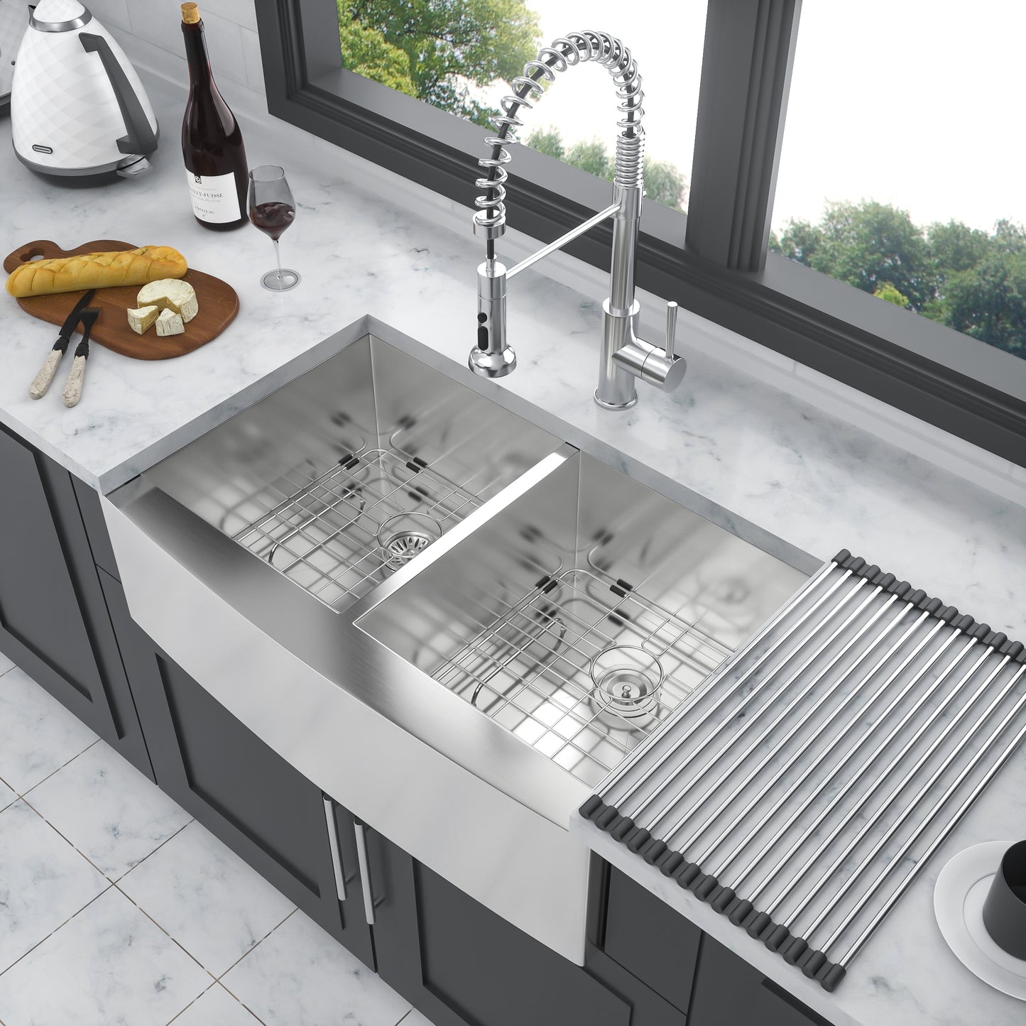 Double Bowl (50/50) Farmhouse Sink- 33"x20"x9"Stainless Steel Apron Front Kitchen Sink 16 Gauge with Two 9" Deep Basin