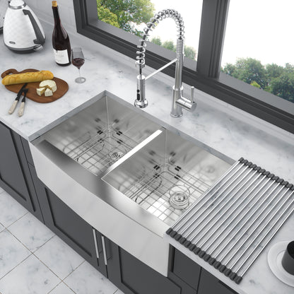 Double Bowl (50/50) Farmhouse Sink- 33"x20"x9"Stainless Steel Apron Front Kitchen Sink 16 Gauge with Two 9" Deep Basin