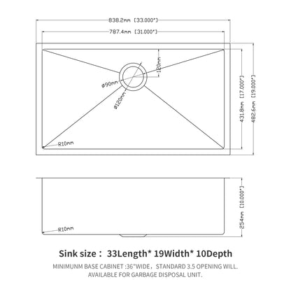 33 Inch Undermount Sink - 33"x19"x10" Undermount Stainless Steel Kitchen Sink 16 Gauge 10 Inch Deep Single Bowl Kitchen Sink Basin