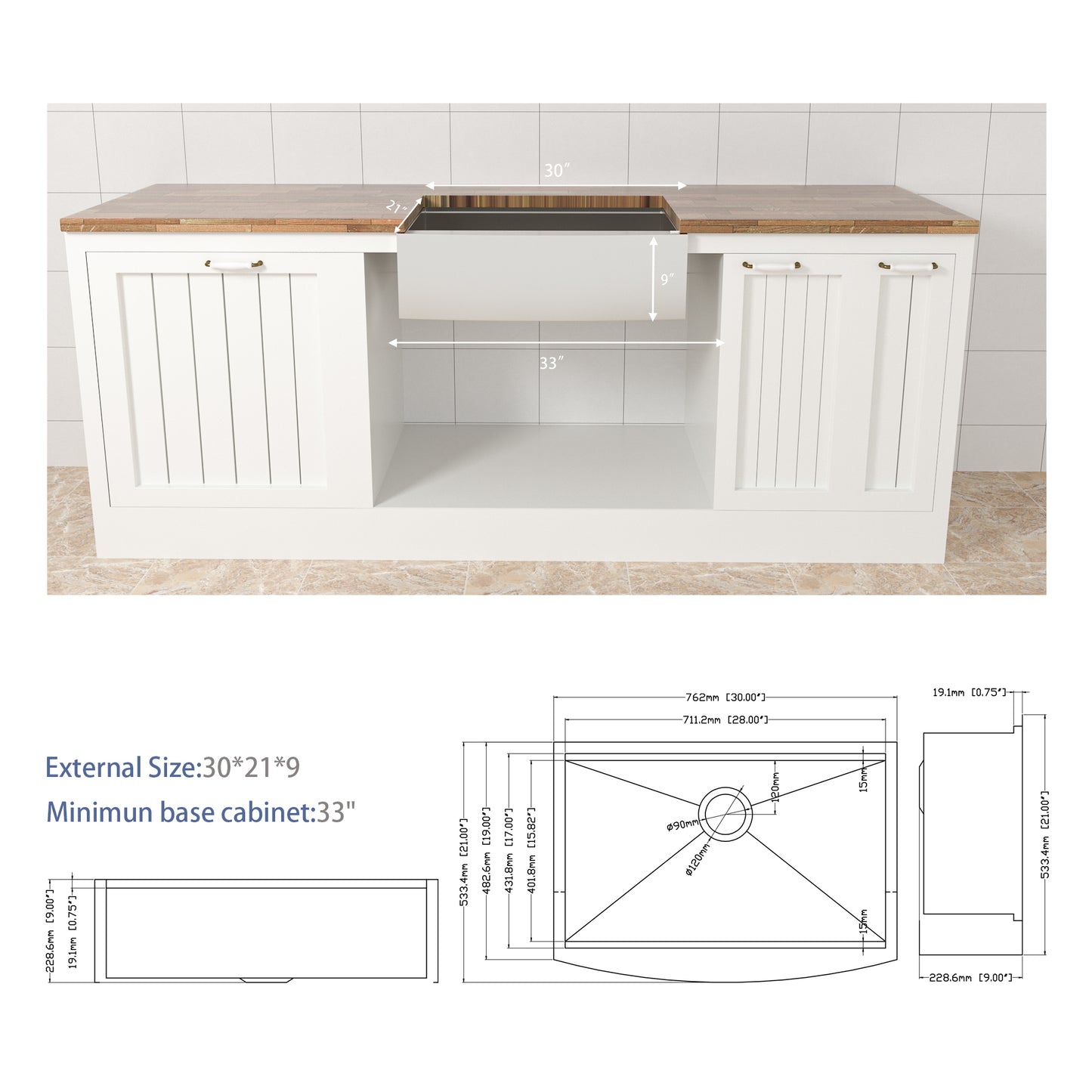 30 Farmhouse Sink Workstation - 30*21*9 Inch Kitchen Sink Stainless Steel 16 gauge Apron Front Kitchen Sink