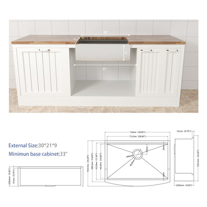 30 Farmhouse Sink Workstation - 30*21*9 Inch Kitchen Sink Stainless Steel 16 gauge Apron Front Kitchen Sink