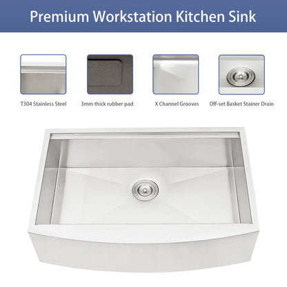 30 Farmhouse Sink Workstation - 30*21*9 Inch Kitchen Sink Stainless Steel 16 gauge Apron Front Kitchen Sink