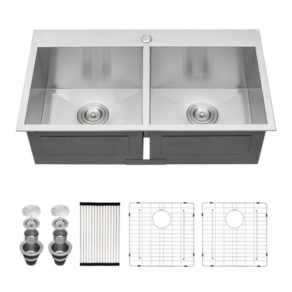 Double Bowl (50/50) Drop in Sink - 33"x22"x9" Stainless Steel Kitchen Sink 18 Gauge with Two 9" Deep Basin