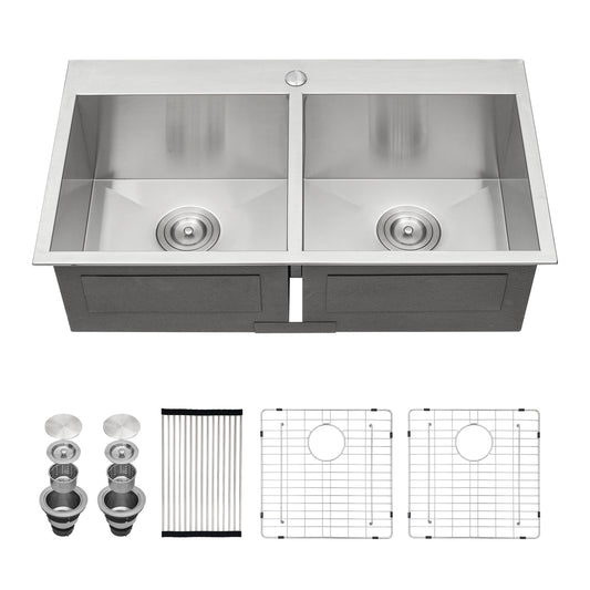Double Bowl (50/50) Drop in Sink - 33"x22"x9" Stainless Steel Kitchen Sink 18 Gauge with Two 9" Deep Basin