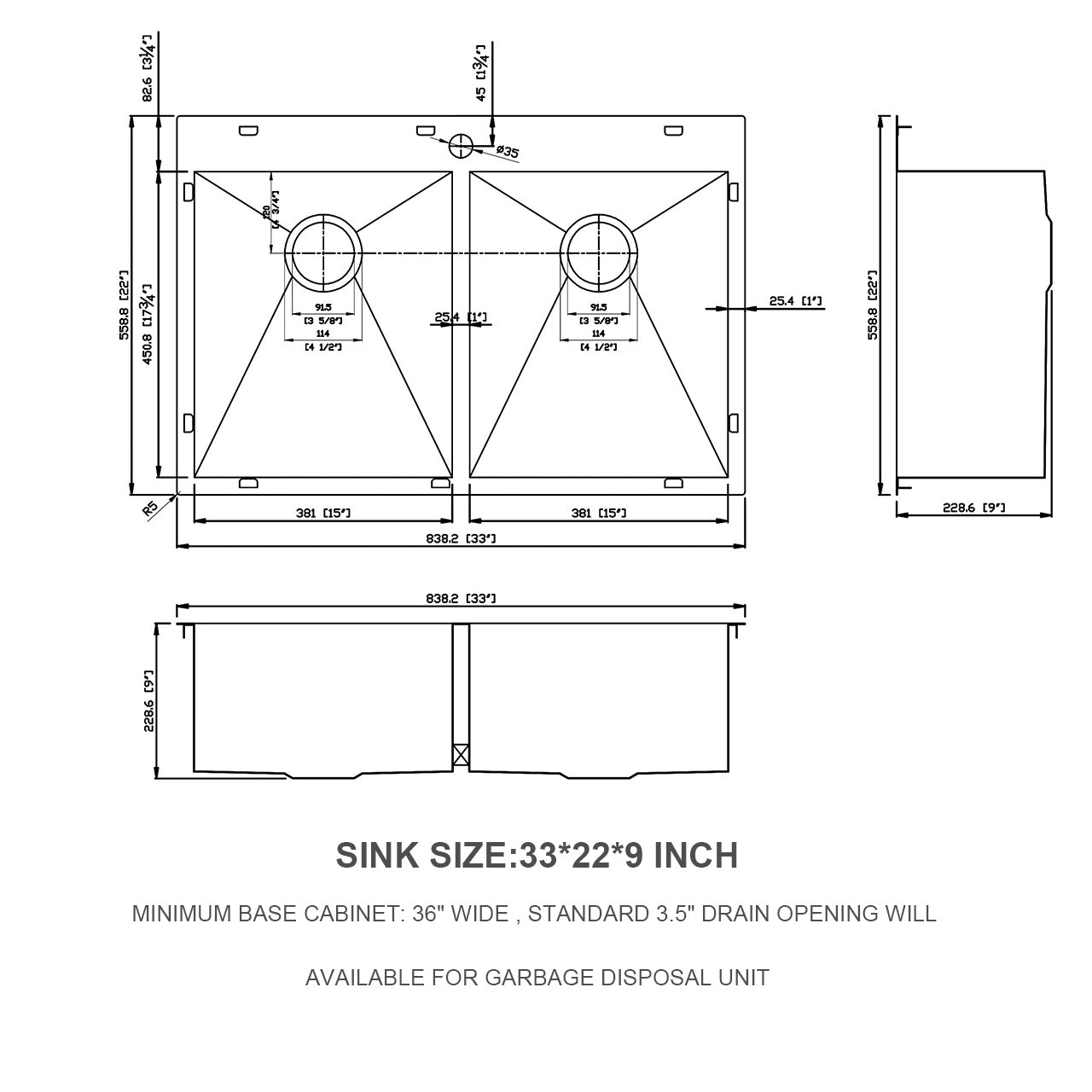 Double Bowl (50/50) Drop in Sink - 33"x22"x9" Stainless Steel Kitchen Sink 18 Gauge with Two 9" Deep Basin