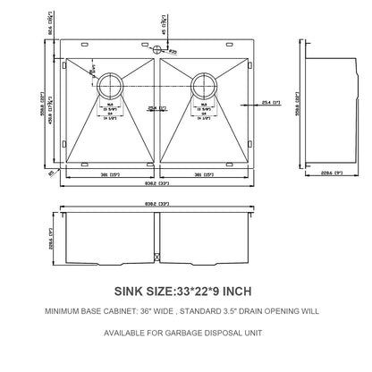 Double Bowl (50/50) Drop in Sink - 33"x22"x9" Stainless Steel Kitchen Sink 18 Gauge with Two 9" Deep Basin